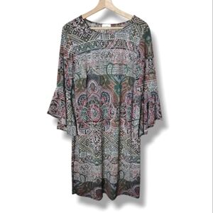Vintage Boho Bell Sleeve Dress 1X Olivia Matthews Stretch Knit Fall Retro